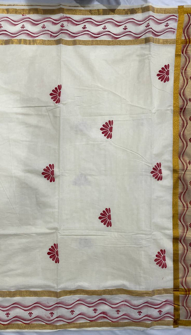 Off-White Kerala Printed Cotton Saree –Vishu Special |V4
