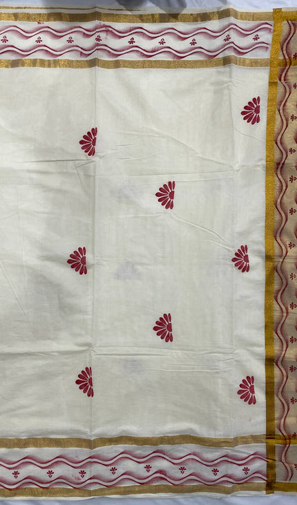 Off-White Kerala Printed Cotton Saree –Vishu Special |V4
