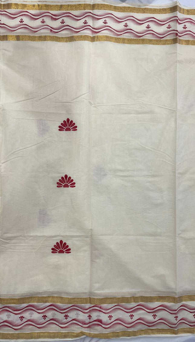 Off-White Kerala Printed Cotton Saree –Vishu Special |V4