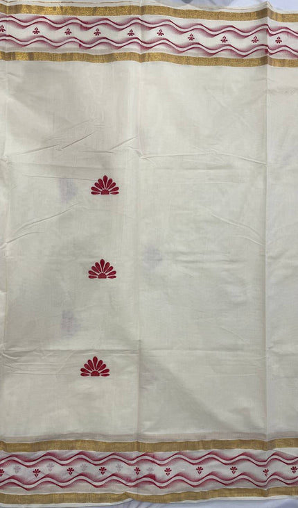 Off-White Kerala Printed Cotton Saree –Vishu Special |V4