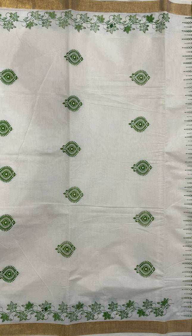Off-White Kerala Printed Cotton Saree –Vishu Special |V4