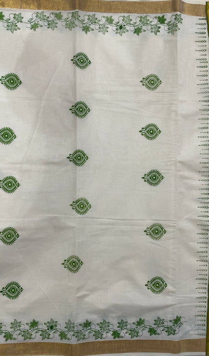 Off-White Kerala Printed Cotton Saree –Vishu Special |V4