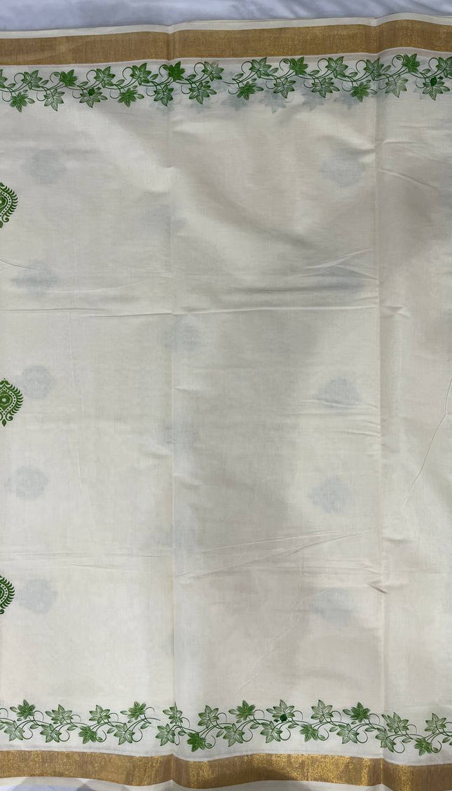 Off-White Kerala Printed Cotton Saree –Vishu Special |V4