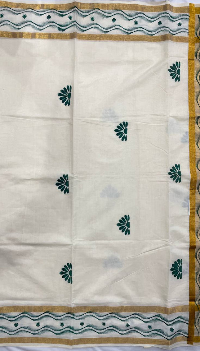 Off-White Kerala Printed Cotton Saree –Vishu Special |V4
