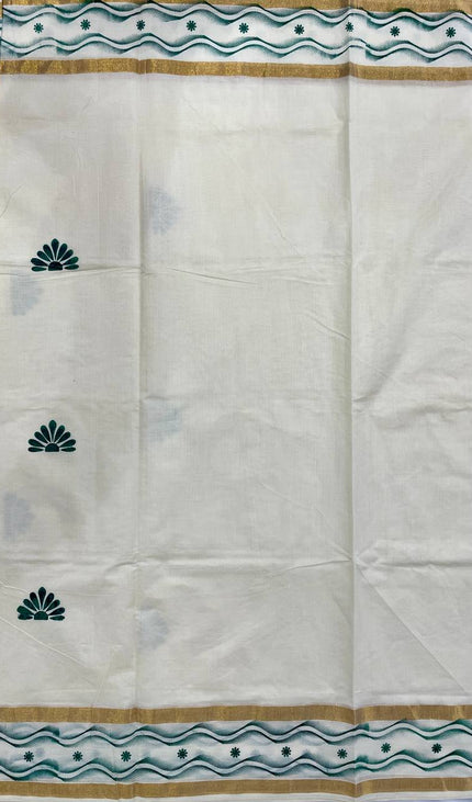 Off-White Kerala Printed Cotton Saree –Vishu Special |V4