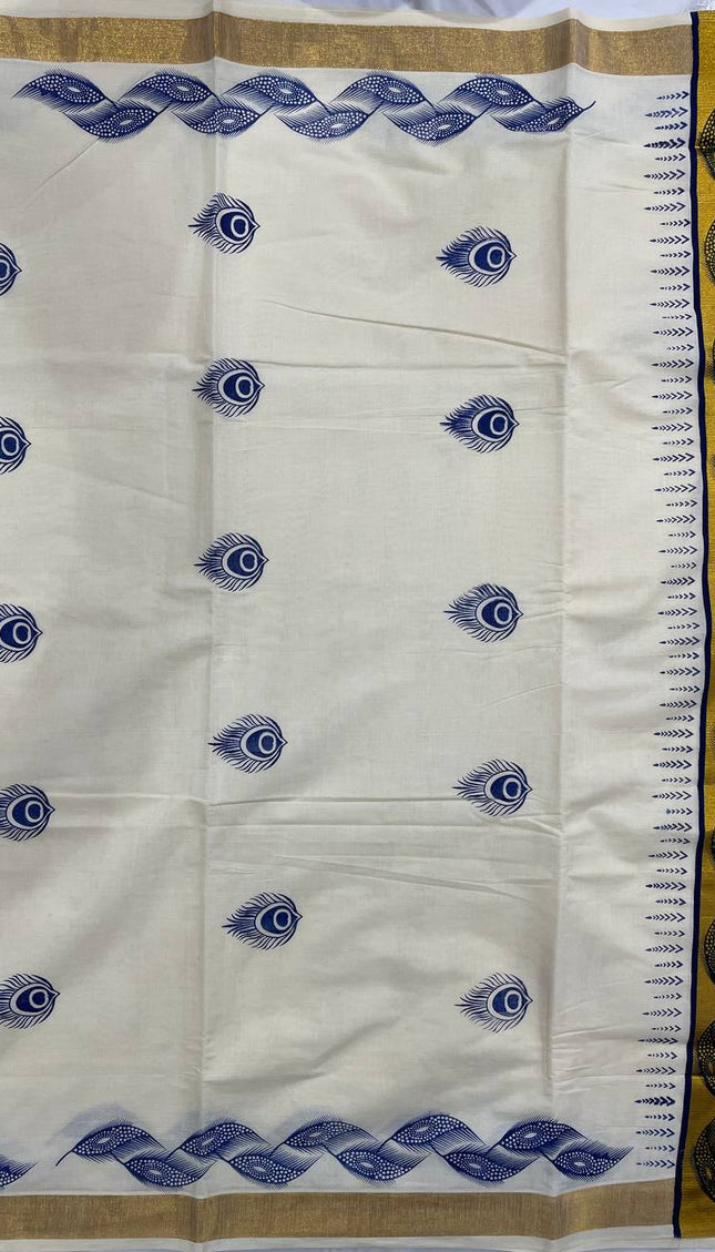 Off-White Kerala Printed Cotton Saree –Vishu Special |V4