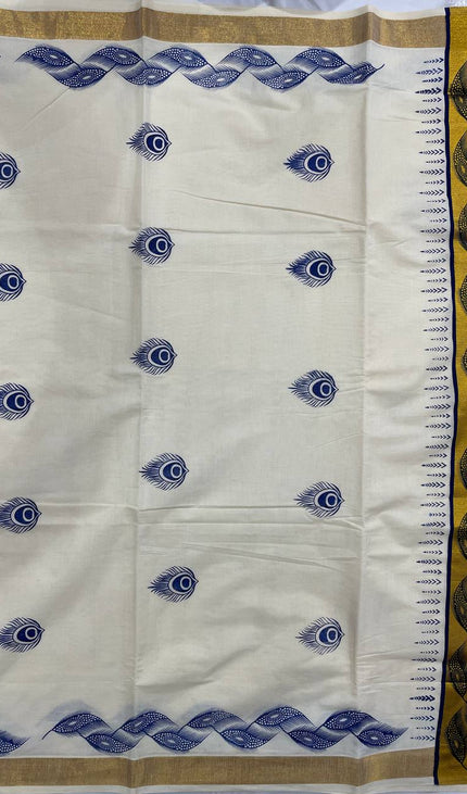 Off-White Kerala Printed Cotton Saree –Vishu Special |V4