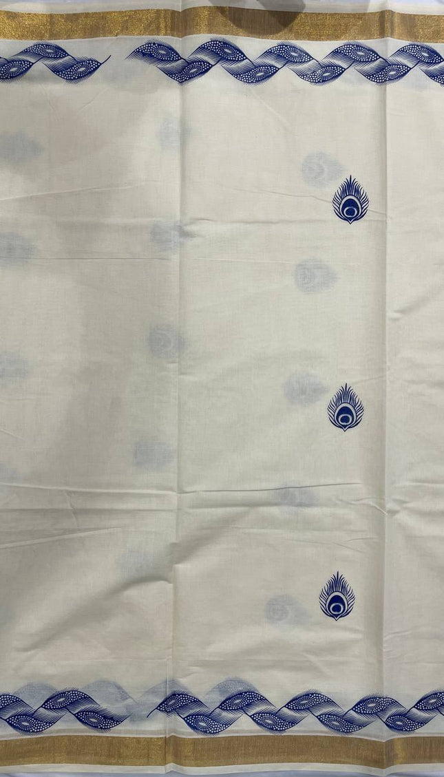 Off-White Kerala Printed Cotton Saree –Vishu Special |V4