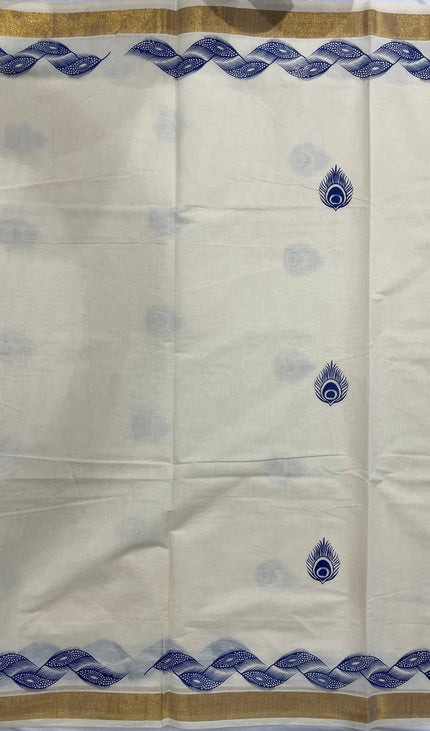 Off-White Kerala Printed Cotton Saree –Vishu Special |V4