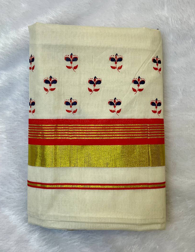 Off-White Kerala Printed Cotton Saree –Vishu Special |V4