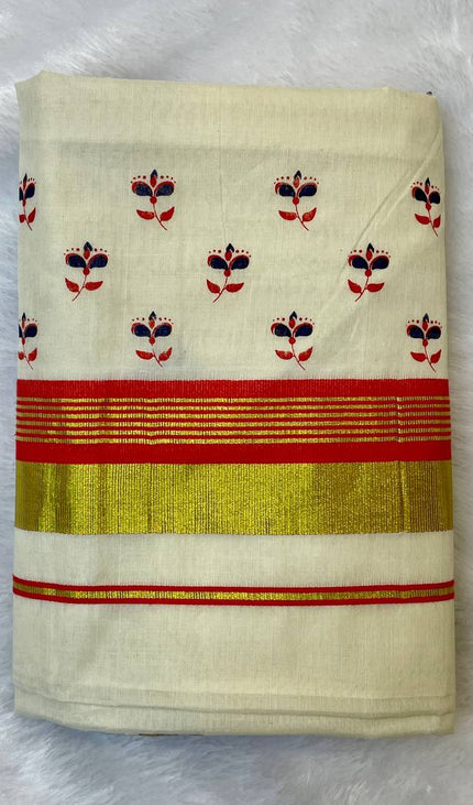 Off-White Kerala Printed Cotton Saree –Vishu Special |V4