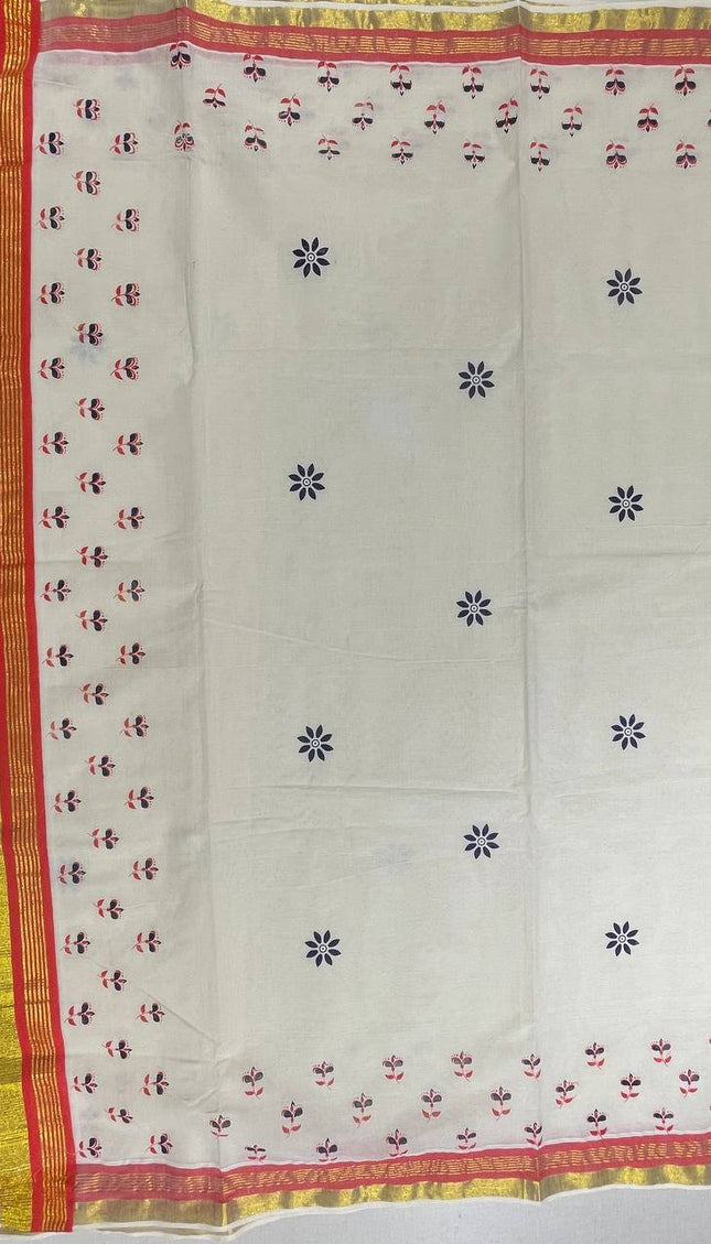 Off-White Kerala Printed Cotton Saree –Vishu Special |V4