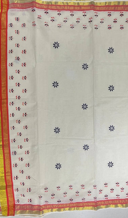 Off-White Kerala Printed Cotton Saree –Vishu Special |V4