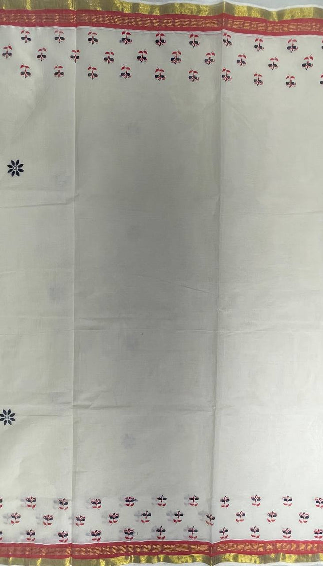 Off-White Kerala Printed Cotton Saree –Vishu Special |V4