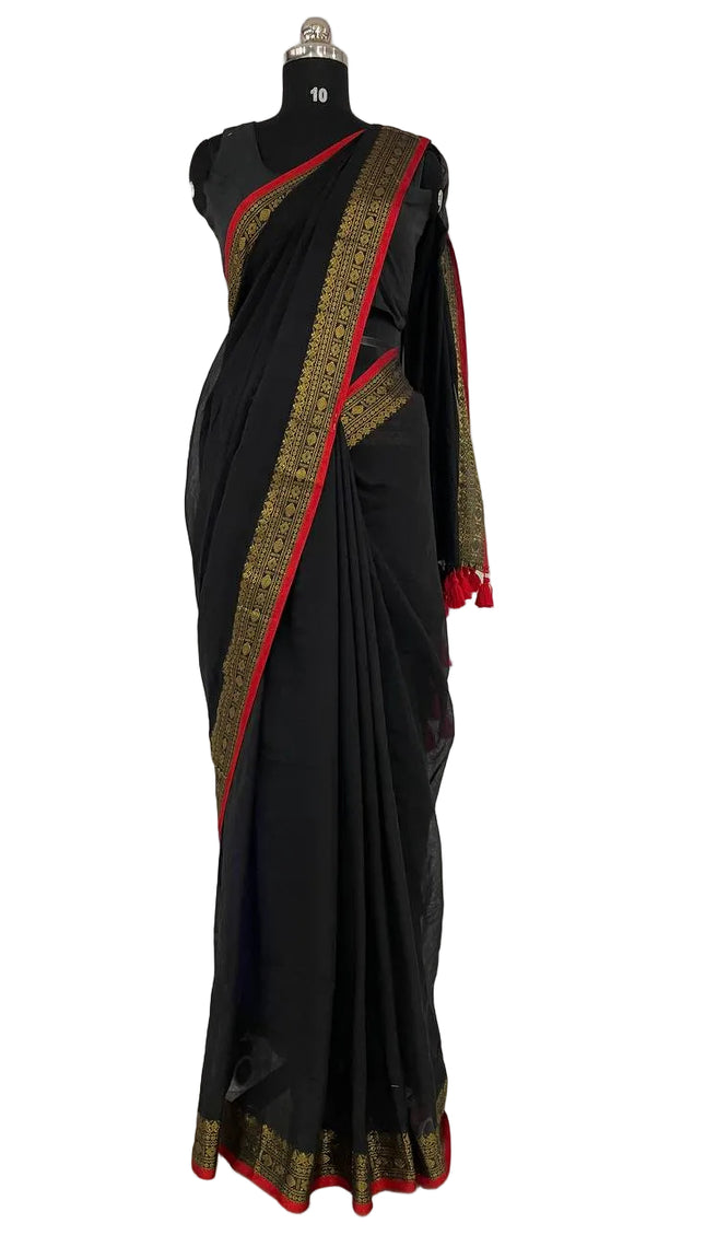 Black Pure Mul Cotton Saree | Pink Floral Buti Embroidery |CS8_12