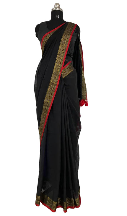 Black Pure Mul Cotton Saree | Pink Floral Buti Embroidery |CS8_12