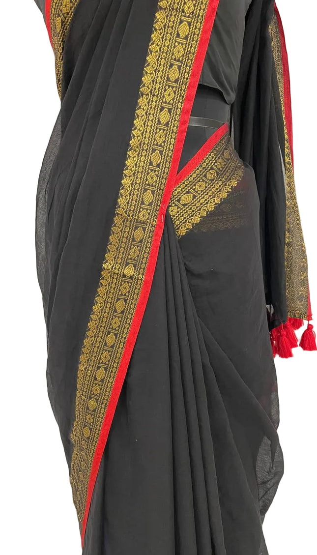 Black Pure Mul Cotton Saree | Pink Floral Buti Embroidery |CS8_12