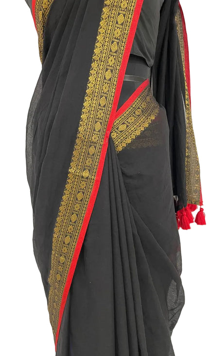 Black Pure Mul Cotton Saree | Pink Floral Buti Embroidery |CS8_12