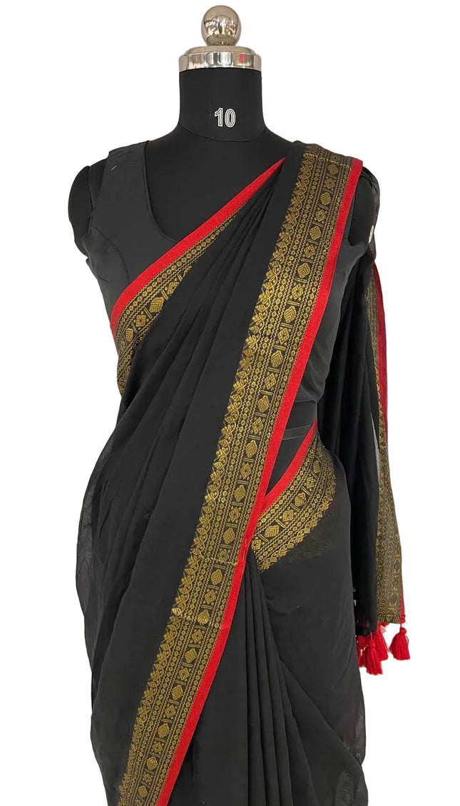 Black Pure Mul Cotton Saree | Pink Floral Buti Embroidery |CS8_12