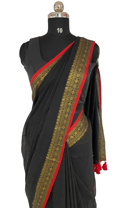 Black Pure Mul Cotton Saree | Pink Floral Buti Embroidery |CS8_12
