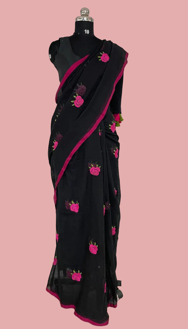 Black Pure Mul Cotton Saree | Pink Floral Buti Embroidery |CS8_7
