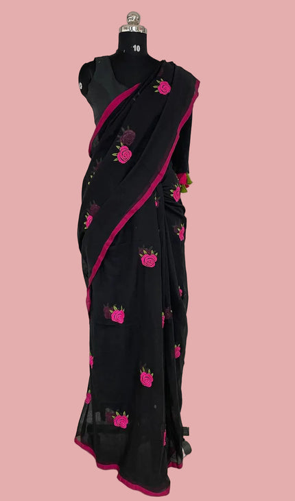 Black Pure Mul Cotton Saree | Pink Floral Buti Embroidery |CS8_7