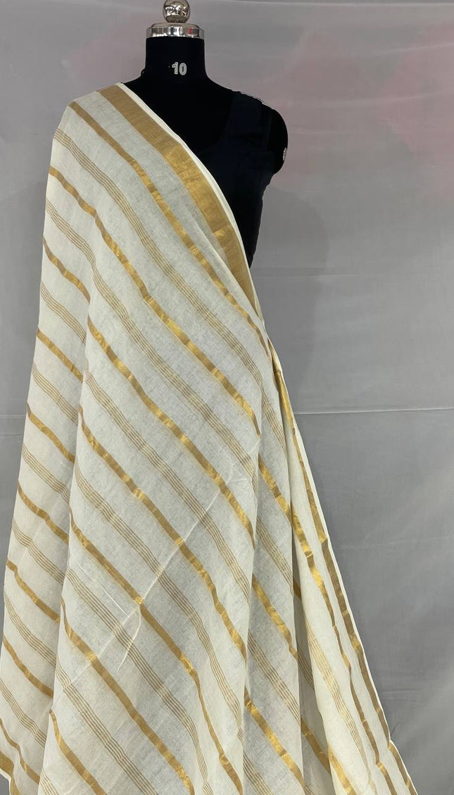 Off White and gold Pure Mul Cotton Saree | Gold stripe body |CS8_8