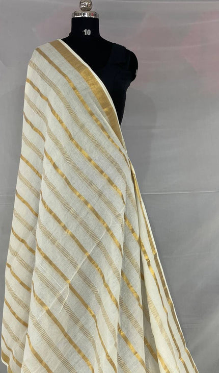 Off White and gold Pure Mul Cotton Saree | Gold stripe body |CS8_8