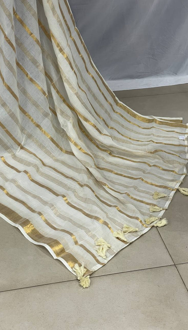 Off White and gold Pure Mul Cotton Saree | Gold stripe body |CS8_8