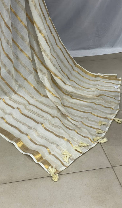 Off White and gold Pure Mul Cotton Saree | Gold stripe body |CS8_8