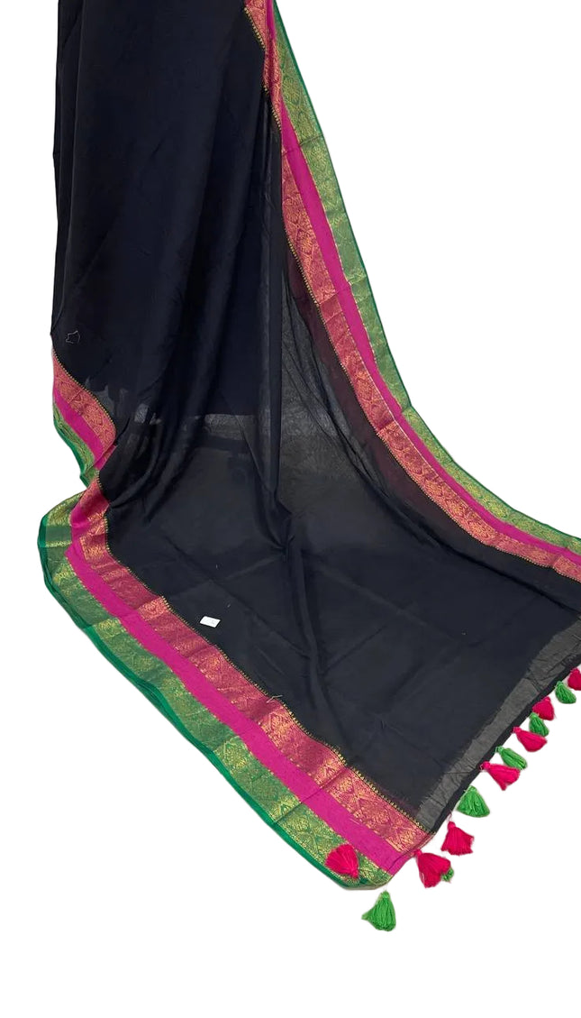 Black Pure Mul Cotton Saree | Pink  Ands Green Border |CS8_9