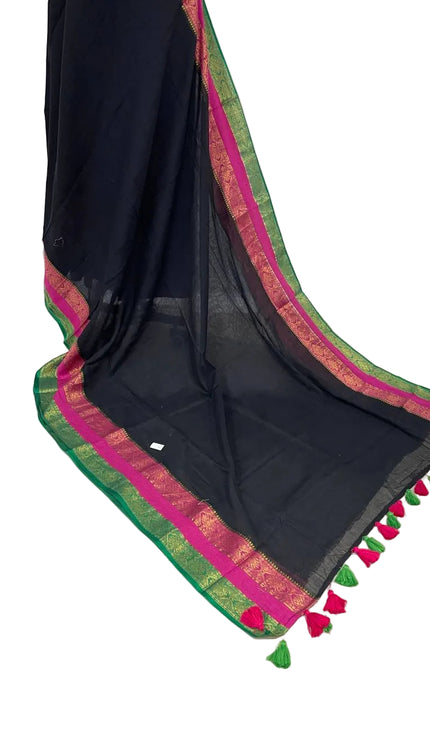 Black Pure Mul Cotton Saree | Pink  Ands Green Border |CS8_9