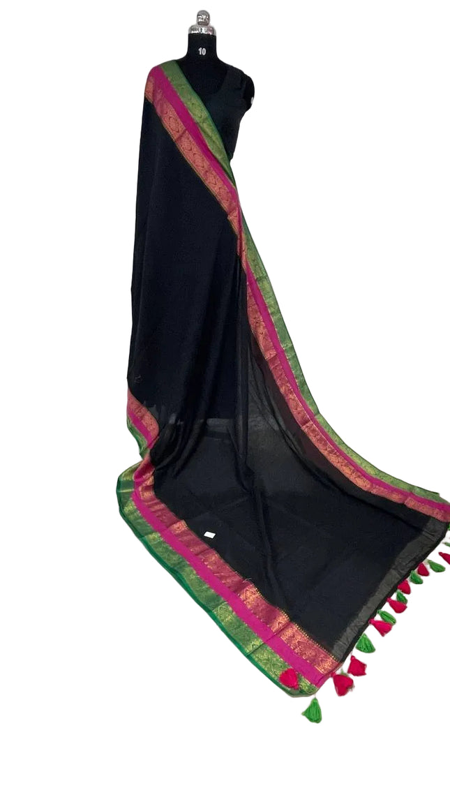 Black Pure Mul Cotton Saree | Pink  Ands Green Border |CS8_9