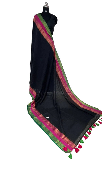 Black Pure Mul Cotton Saree | Pink  Ands Green Border |CS8_9