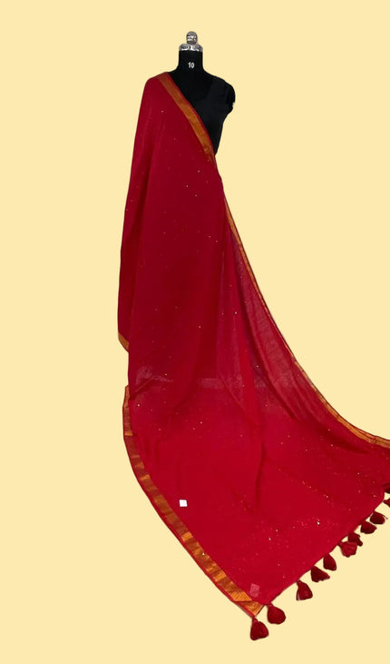 Red  Pure Mul Cotton Saree | Gold stripe body |CS8_11