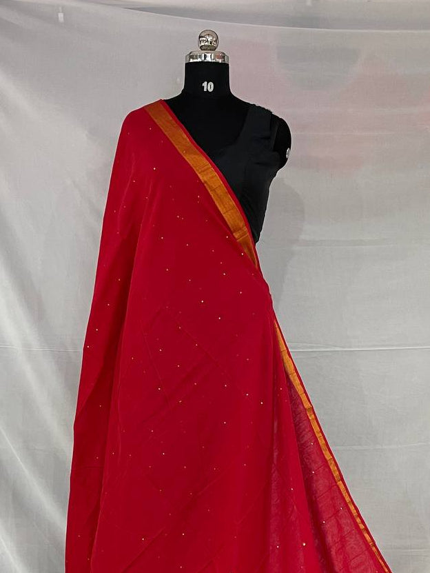 Red  Pure Mul Cotton Saree | Gold stripe body |CS8_11