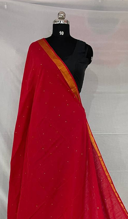 Red  Pure Mul Cotton Saree | Gold stripe body |CS8_11