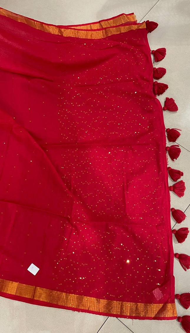 Red  Pure Mul Cotton Saree | Gold stripe body |CS8_11