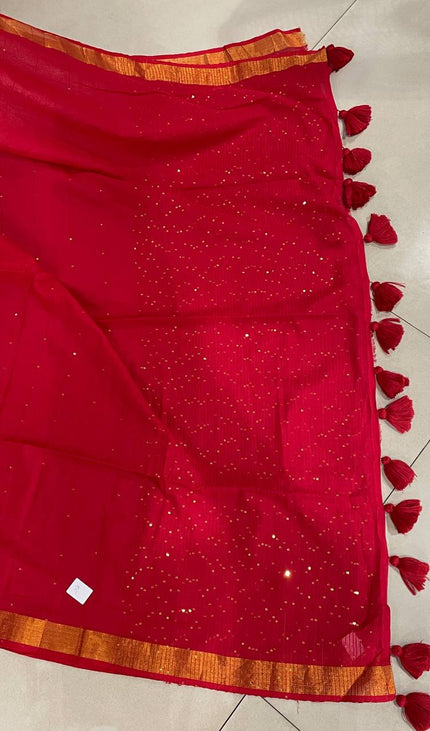 Red  Pure Mul Cotton Saree | Gold stripe body |CS8_11