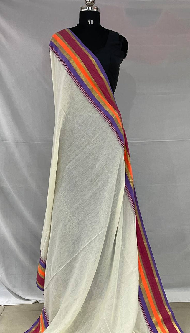 Off White Pure Mul Cotton Saree | Pink Floral Buti Embroidery |CS8_10