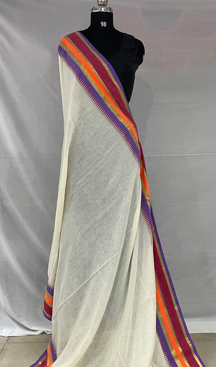 Off White Pure Mul Cotton Saree | Pink Floral Buti Embroidery |CS8_10