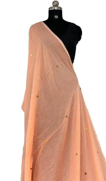 Peach Mul Cotton Saree With Gold Coin Buti Embroidery |CS8_3