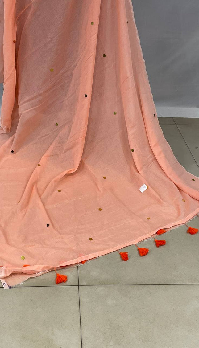 Peach Mul Cotton Saree With Gold Coin Buti Embroidery |CS8_3