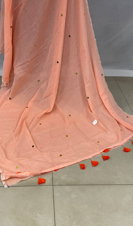 Peach Mul Cotton Saree With Gold Coin Buti Embroidery |CS8_3