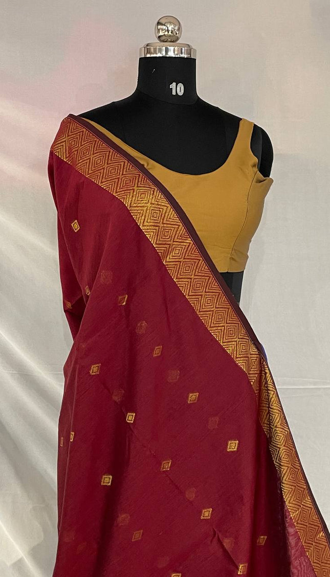 Maheshwari Cotton Saree –Maroon with Zari Buti & Gold Border|CS10_1