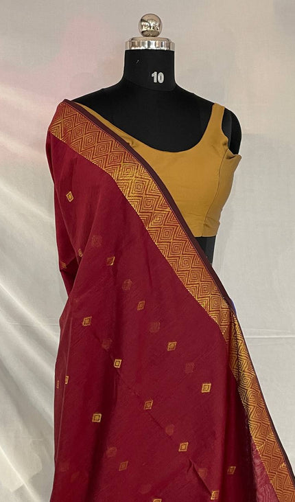 Maheshwari Cotton Saree –Maroon with Zari Buti & Gold Border|CS10_1