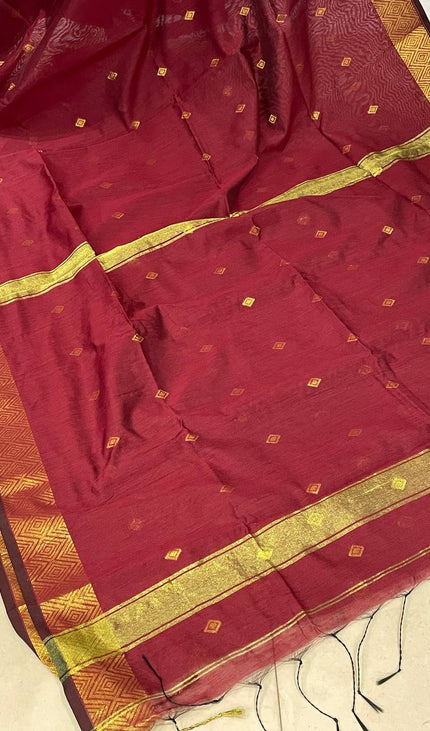 Maheshwari Cotton Saree –Maroon with Zari Buti & Gold Border|CS10_1