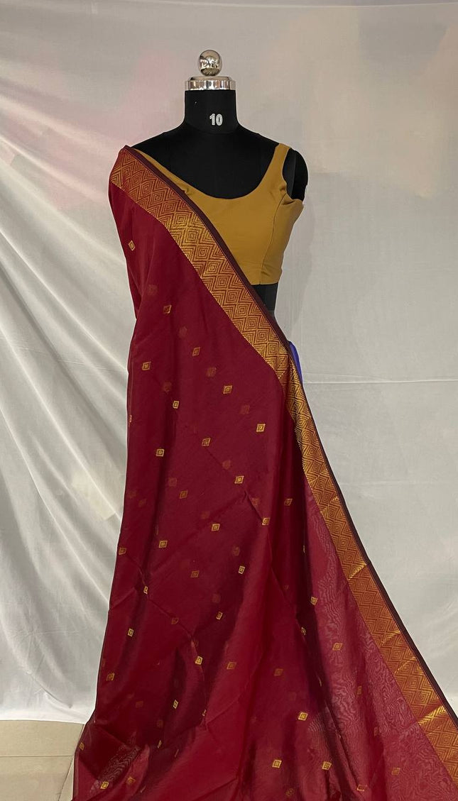 Maheshwari Cotton Saree –Maroon with Zari Buti & Gold Border|CS10_1
