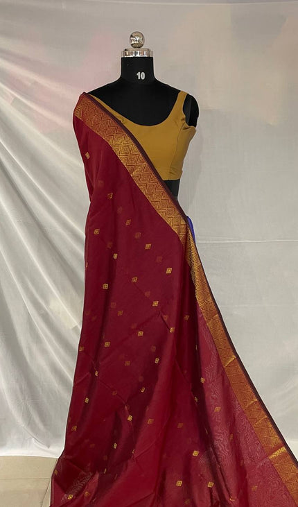 Maheshwari Cotton Saree –Maroon with Zari Buti & Gold Border|CS10_1