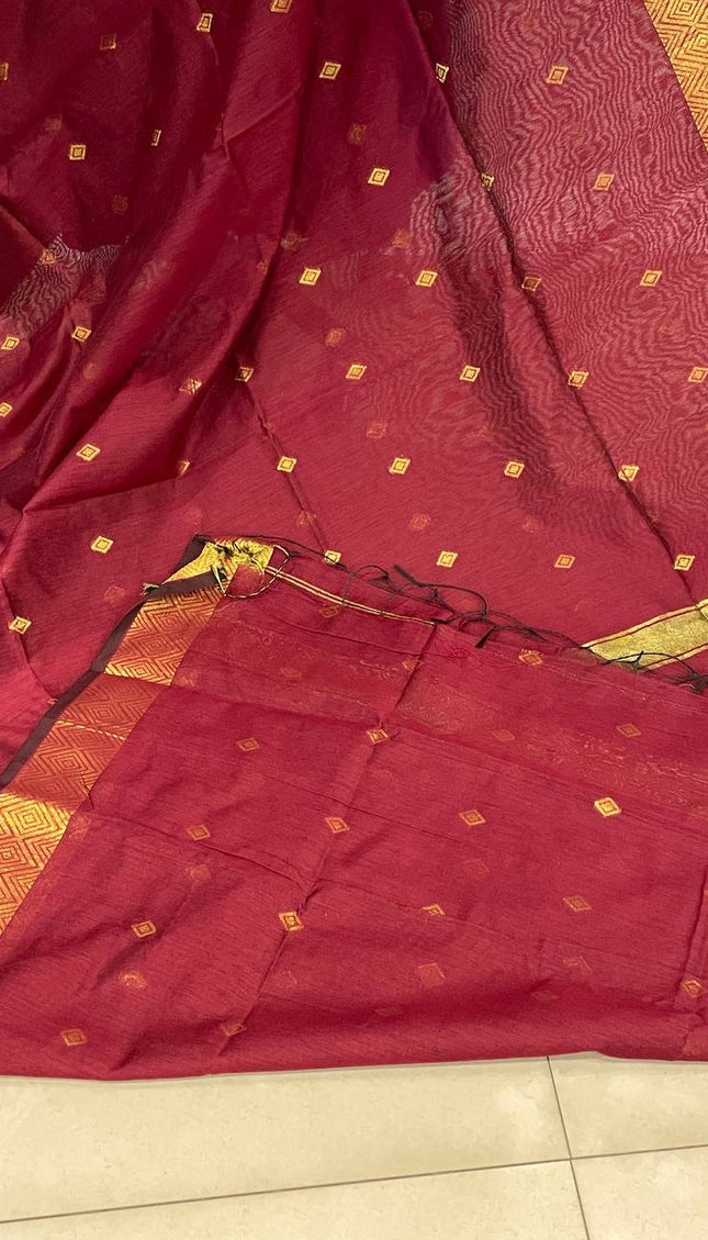 Maheshwari Cotton Saree –Maroon with Zari Buti & Gold Border|CS10_1
